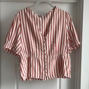 Madewell Pink & White Striped V-Neck Button-Up Crop Blouse